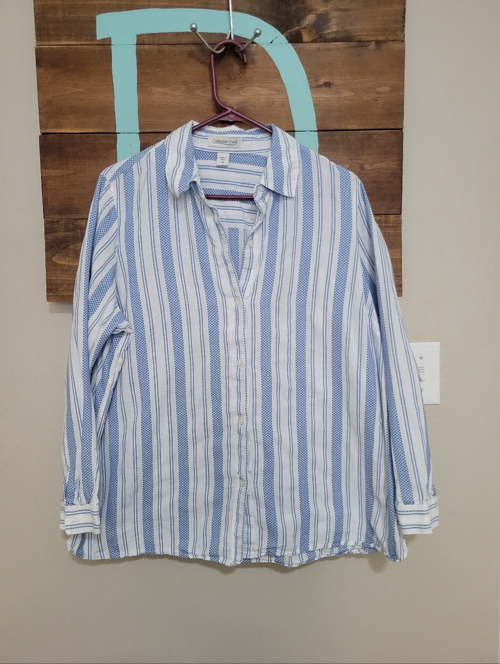 Coldwater Creek Coastal Blue and White Striped Button-Down Cotton Nautical Shirt
